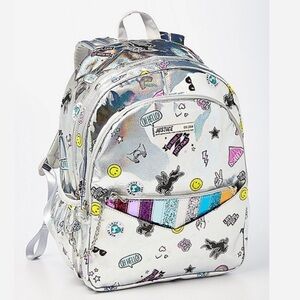 NWT  justice holographic sticker pocket full size backpack silver